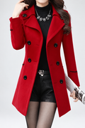 Women's Double Breasted Pea Coat with Notch Lapels and Piped Trim in Burgundy – Front View