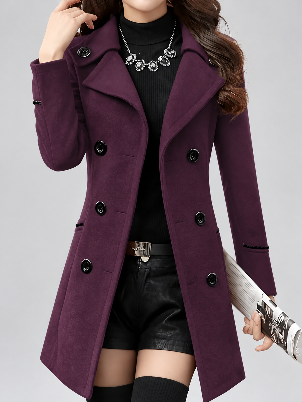Women's Double Breasted Pea Coat with Notch Lapels and Piped Trim in Purple – Front View