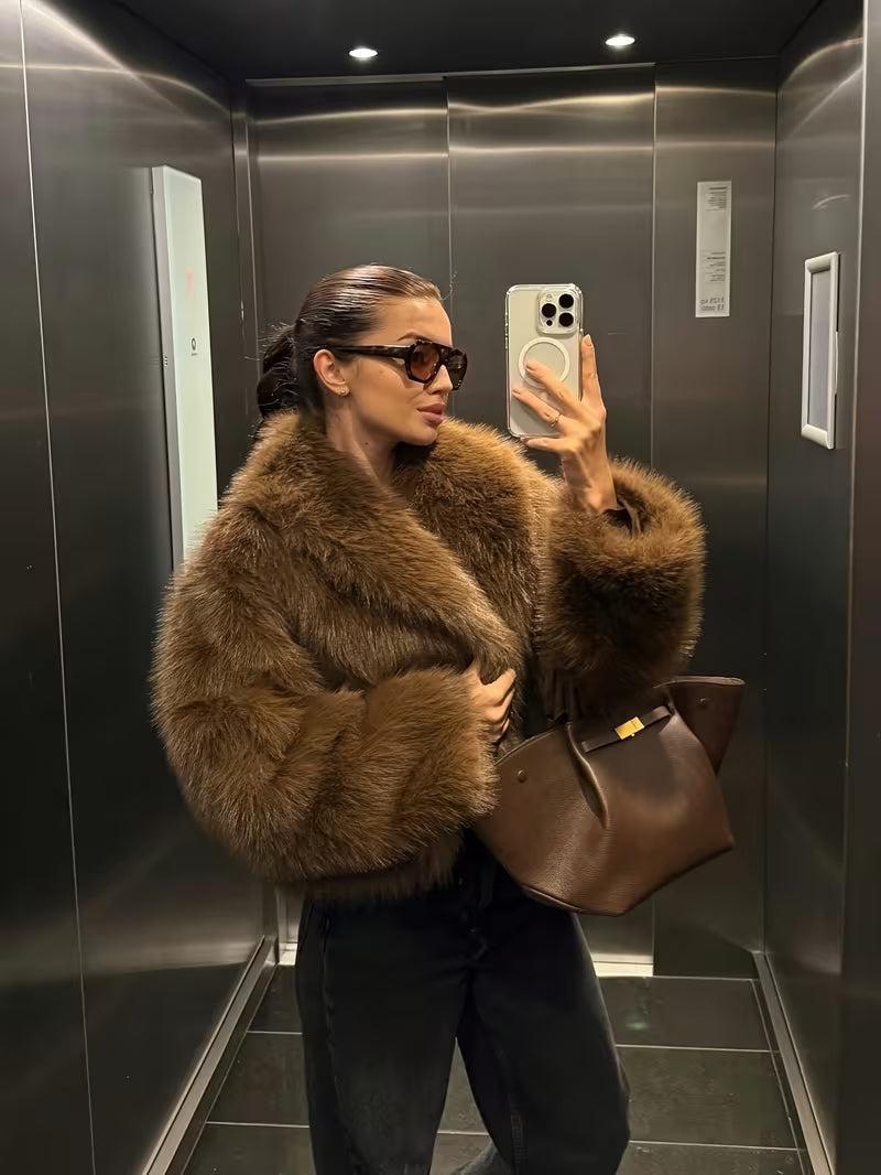 Women's Faux Fur Coat with Oversized Lapel Collar