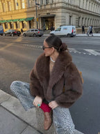 Women's Faux Fur Coat with Oversized Lapel Collar