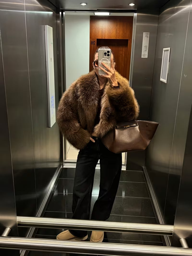 Women's Faux Fur Coat with Oversized Lapel Collar