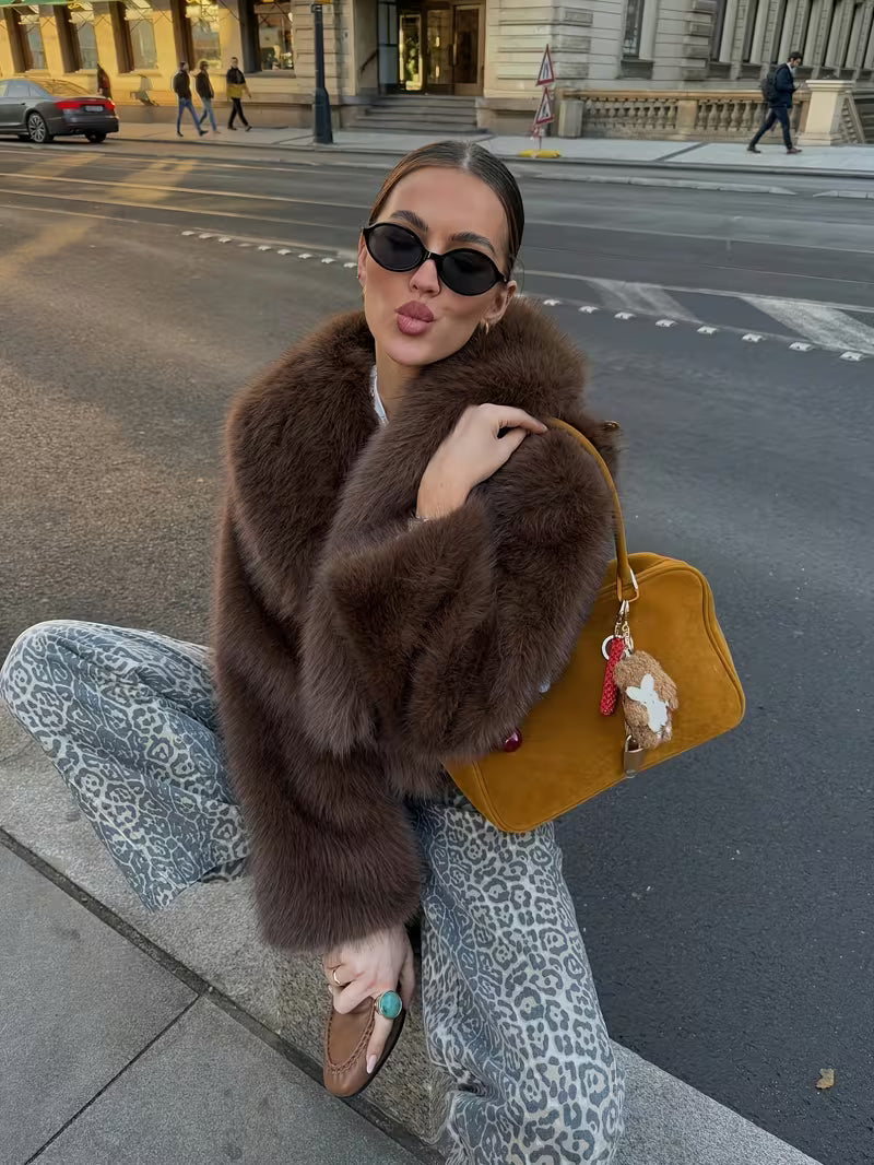 Women's Faux Fur Coat with Oversized Lapel Collar