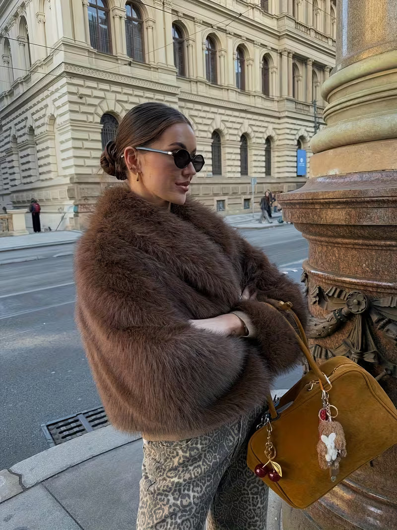 Women's Faux Fur Coat with Oversized Lapel Collar