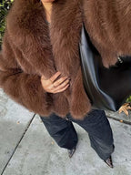 Women's Faux Fur Coat with Oversized Lapel Collar