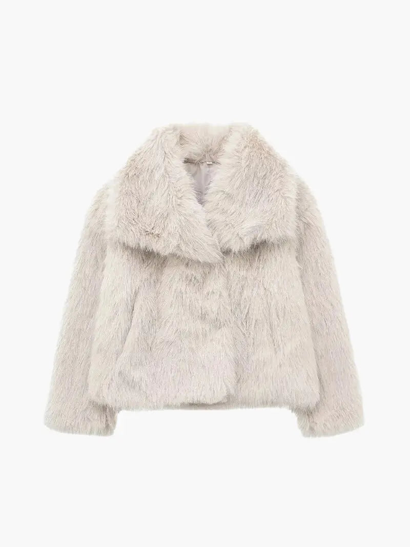 Women's Faux Fur Coat with Wide Lapel Collar and Hook Front
