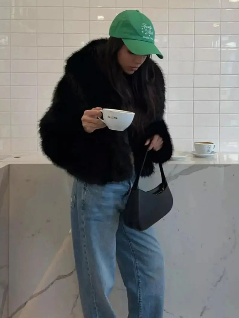 Women's Faux Fur Coat with Wide Lapel Collar and Hook Front