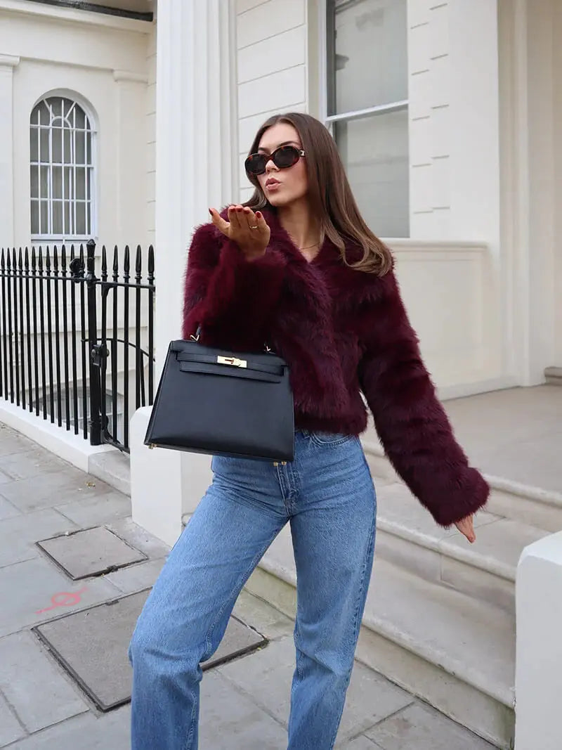 Women's Faux Fur Coat with Wide Lapel Collar and Hook Front