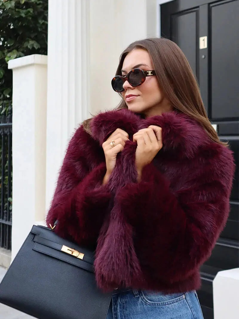 Women's Faux Fur Coat with Wide Lapel Collar and Hook Front
