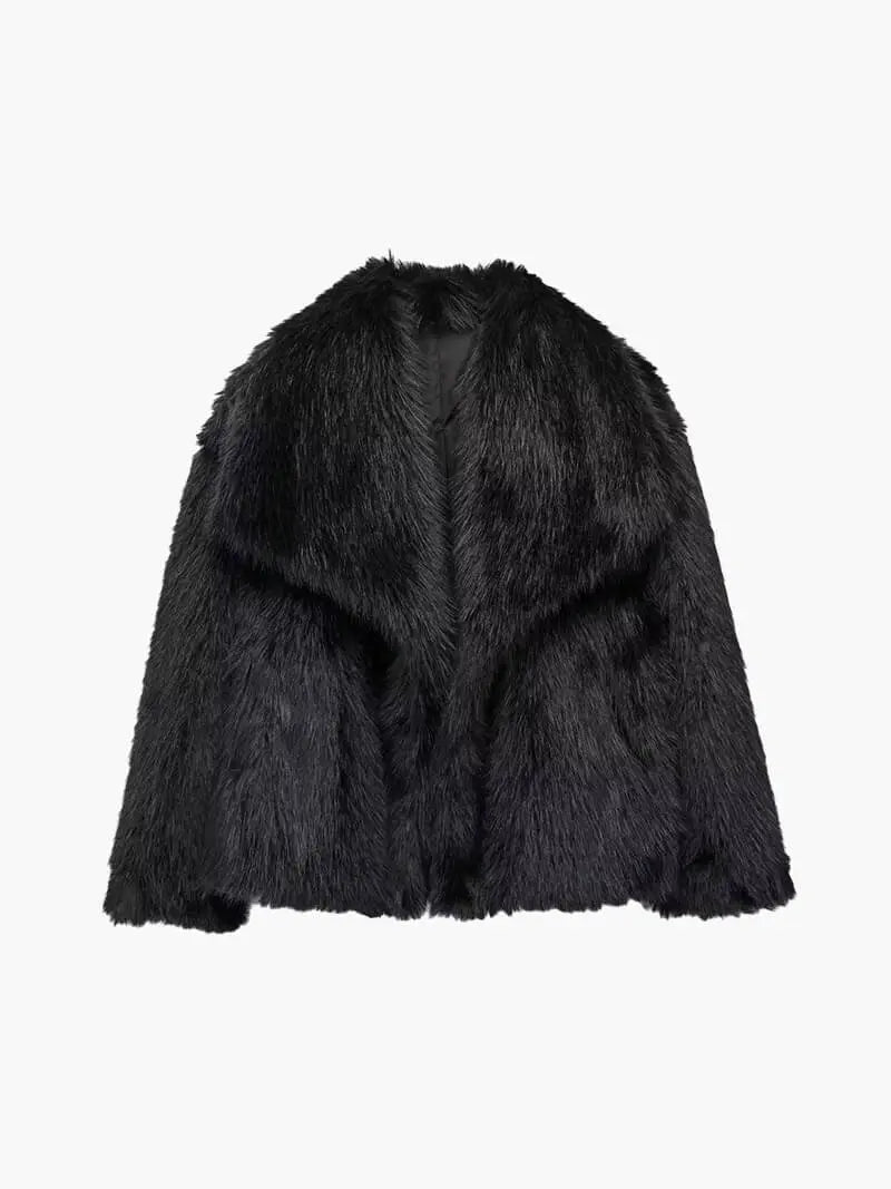 Women's Faux Fur Coat with Wide Lapel Collar and Hook Front