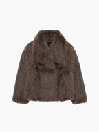 Women's Faux Fur Coat with Wide Lapel Collar and Hook Front