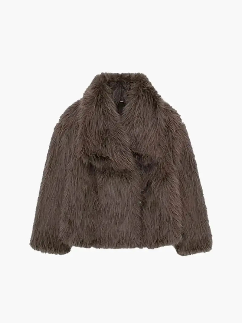 Women's Faux Fur Coat with Wide Lapel Collar and Hook Front