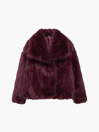 Women's Faux Fur Coat with Wide Lapel Collar and Hook Front