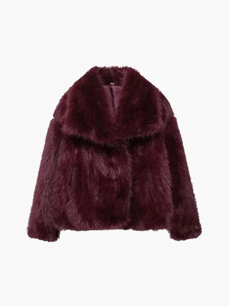 Women's Faux Fur Coat with Wide Lapel Collar and Hook Front