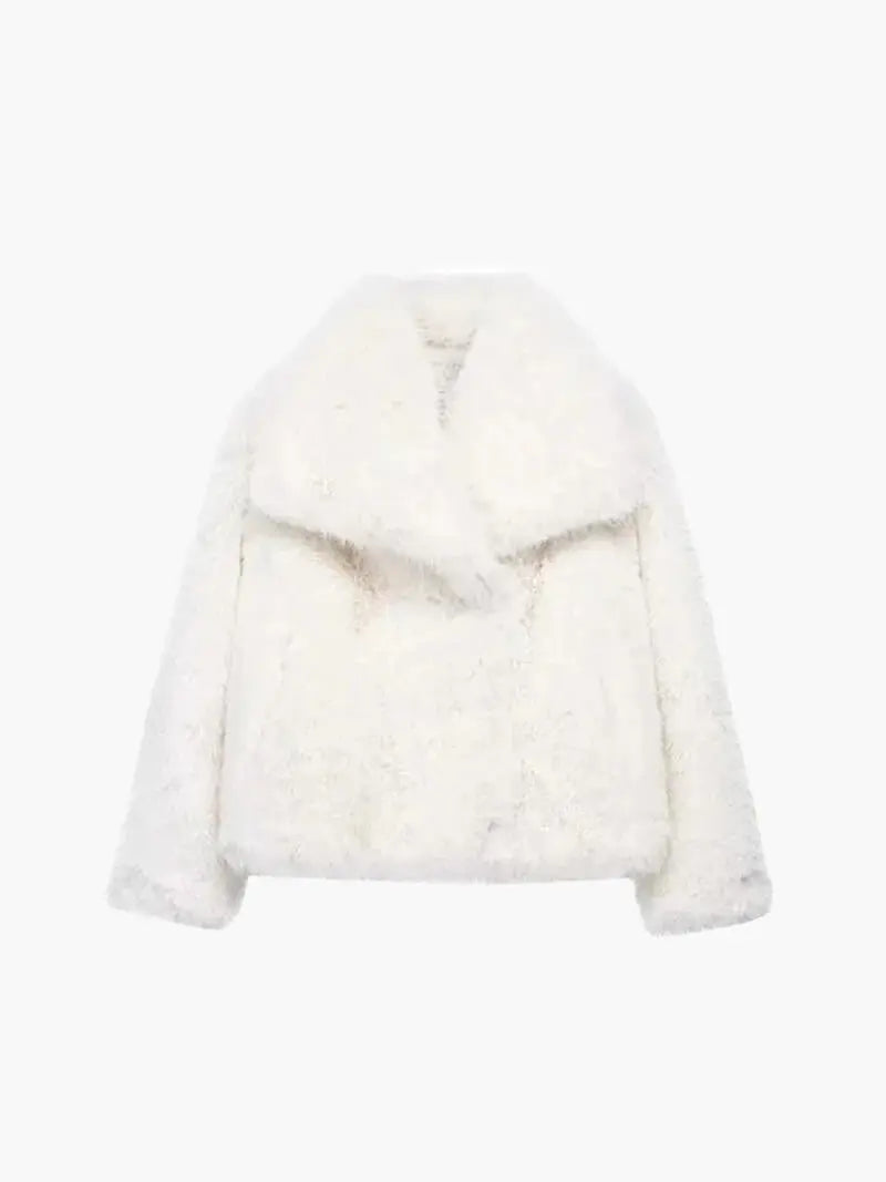 Women's Faux Fur Coat with Wide Lapel Collar and Hook Front