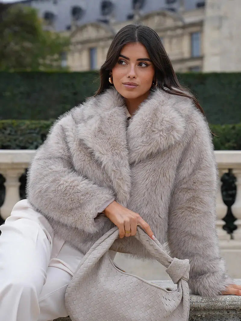 Women's Faux Fur Coat with Wide Lapel Collar and Hook Front