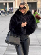 Women's Faux Fur Coat with Wide Lapel Collar and Hook Front