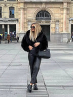 Women's Faux Fur Coat with Wide Lapel Collar and Hook Front