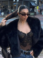 Women's Faux Fur Coat with Wide Lapel Collar and Hook Front