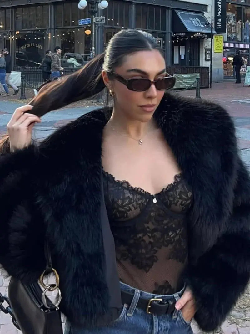 Women's Faux Fur Coat with Wide Lapel Collar and Hook Front