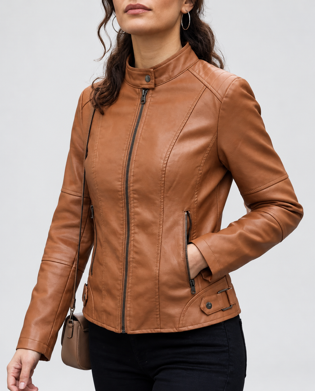 Women's Cropped Leather Look Biker Jacket with Band Collar and Zip Pockets in Camel Brown – Front View