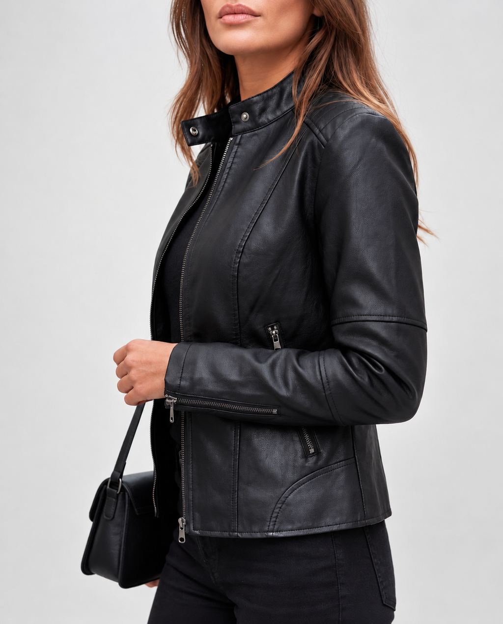 Women's Cropped Leather Look Biker Jacket with Band Collar and Zip Pockets in Black – Front View