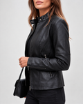 Women's Cropped Leather Look Biker Jacket with Band Collar and Zip Pockets in Black – Front View