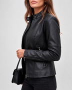 Women's Cropped Leather Look Biker Jacket with Band Collar and Zip Pockets in Black – Front View