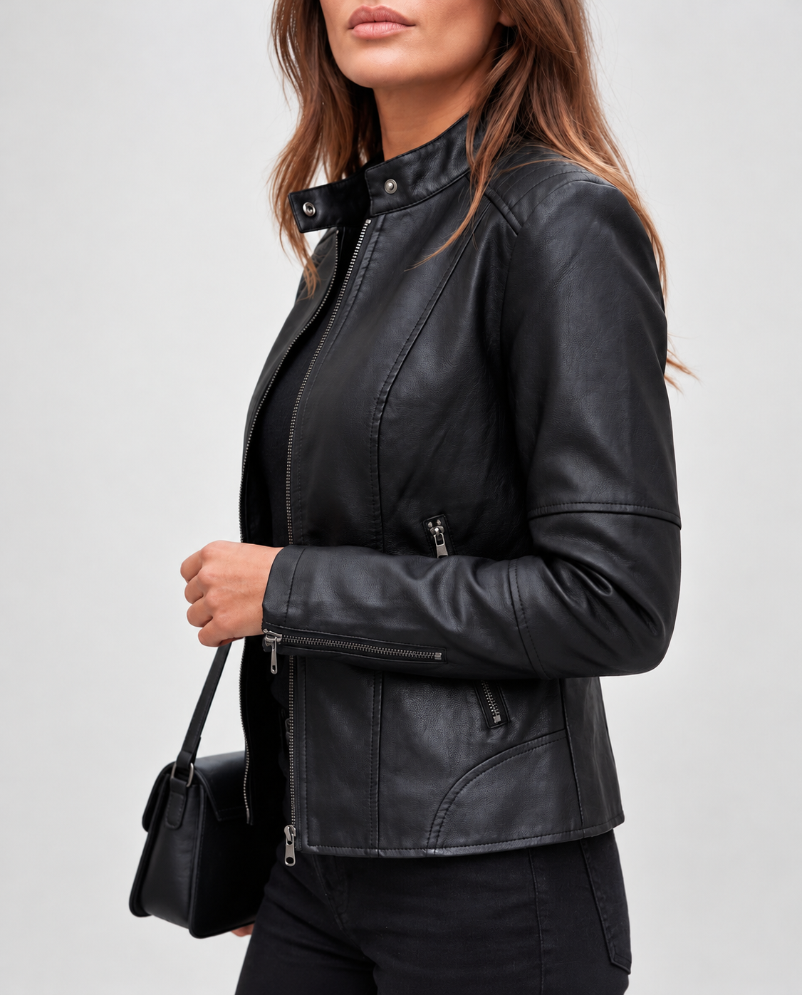 Women's Cropped Leather Look Biker Jacket with Band Collar and Zip Pockets in Black – Front View