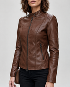 Women's Cropped Leather Look Biker Jacket with Band Collar and Zip Pockets in Dark Brown – Front View