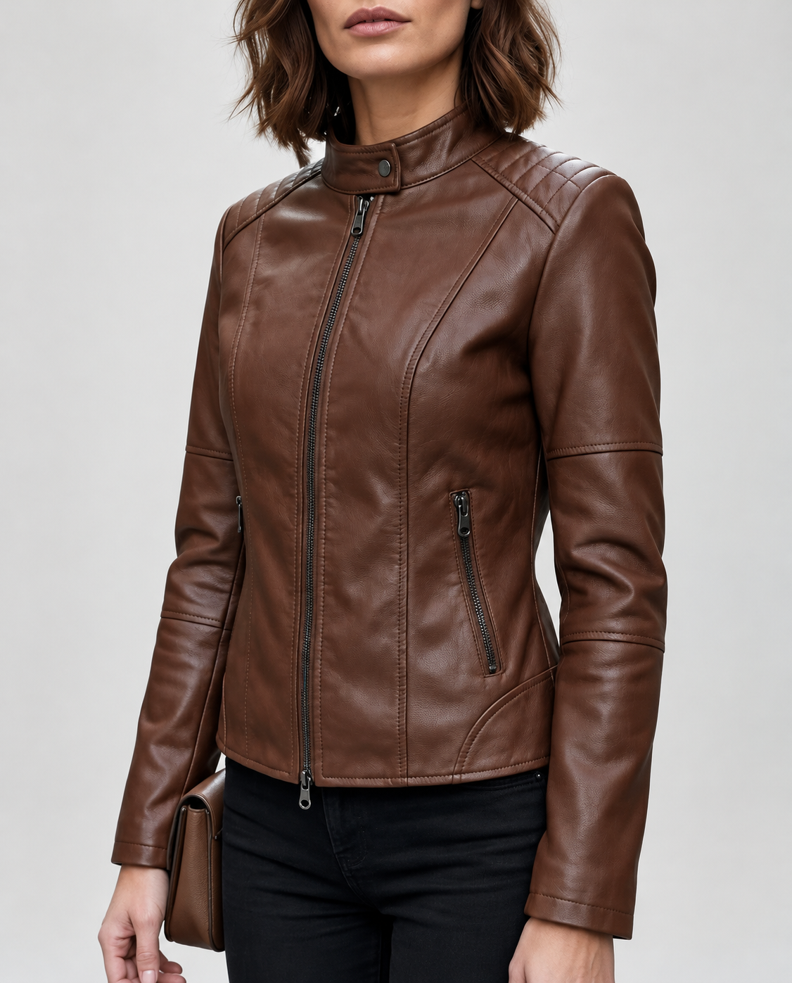 Women's Cropped Leather Look Biker Jacket with Band Collar and Zip Pockets in Dark Brown – Front View