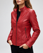Women's Cropped Leather Look Biker Jacket with Band Collar and Zip Pockets in Red – Front View