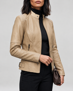 Women's Cropped Leather Look Biker Jacket with Band Collar and Zip Pockets in Beige – Front View