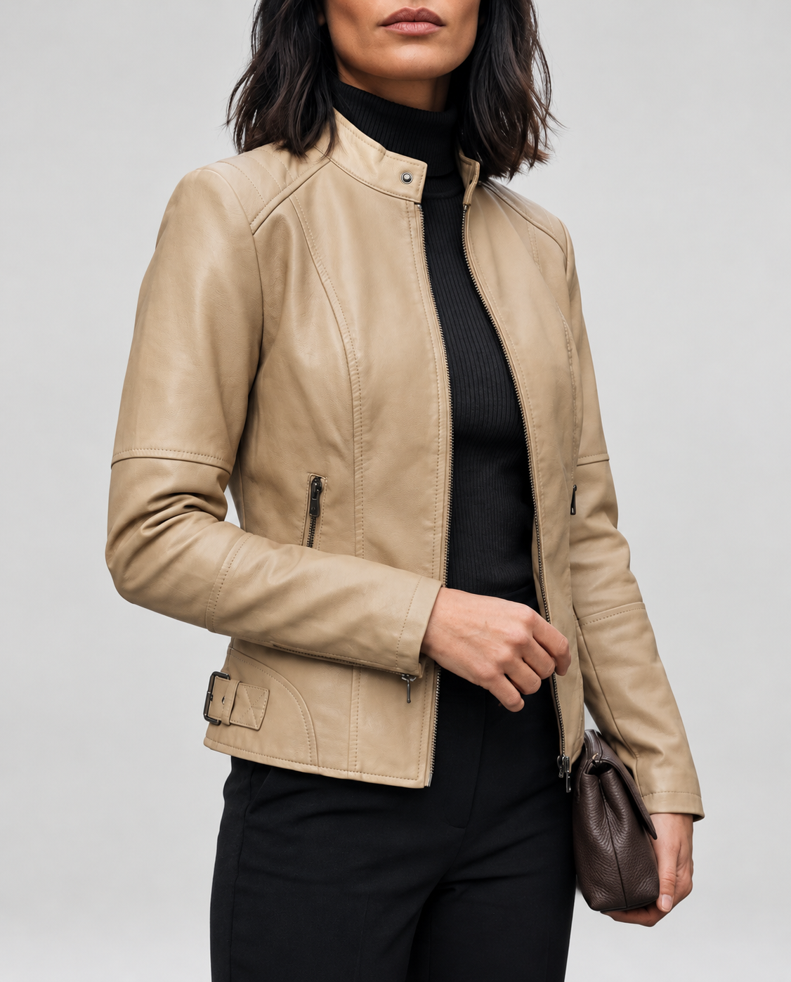 Women's Cropped Leather Look Biker Jacket with Band Collar and Zip Pockets in Beige – Front View