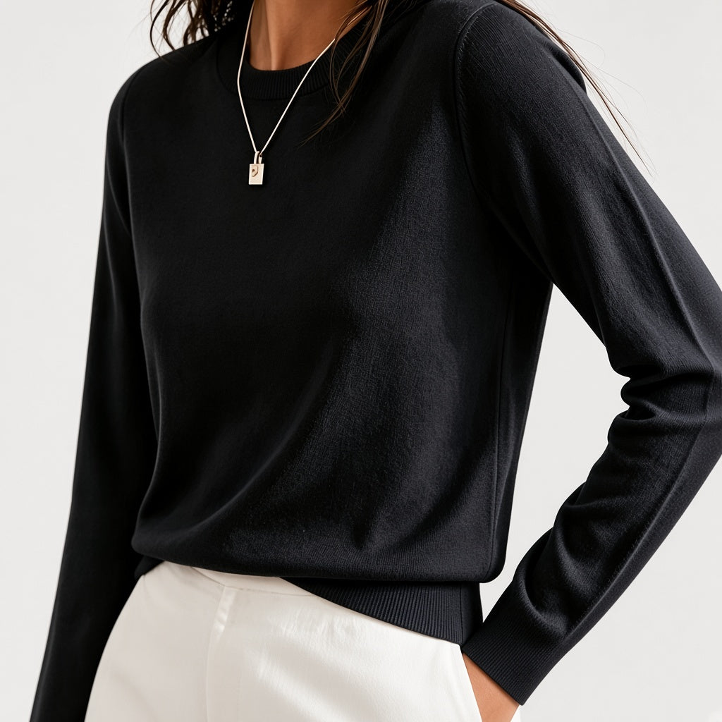 Women's Fine Knit Crew Neck Jumper with Long Sleeves and Ribbed Trims in Black – Front View