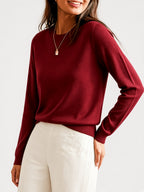 Women's Fine Knit Crew Neck Jumper with Long Sleeves and Ribbed Trims in Burgundy – Front View