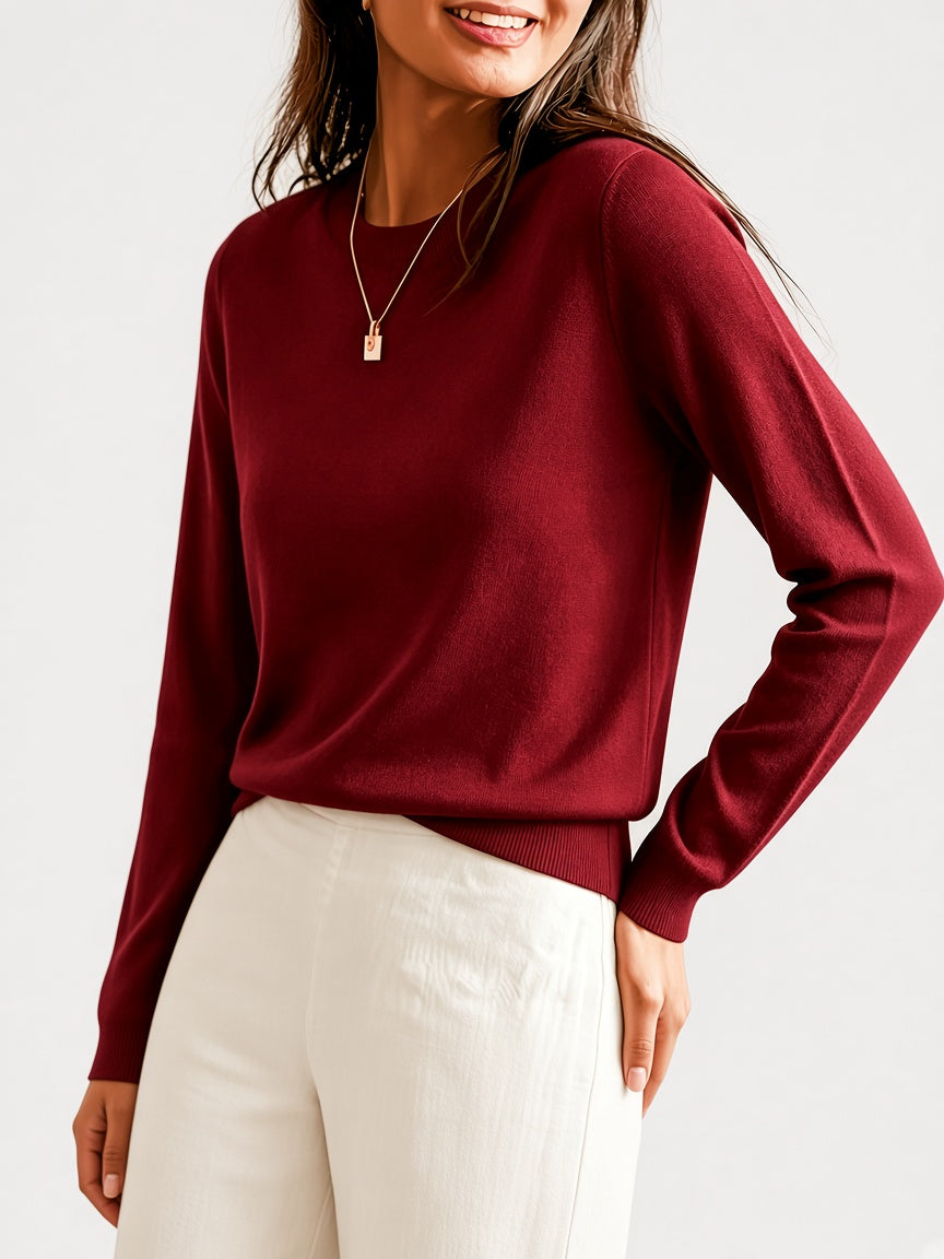 Women's Fine Knit Crew Neck Jumper with Long Sleeves and Ribbed Trims in Burgundy – Front View