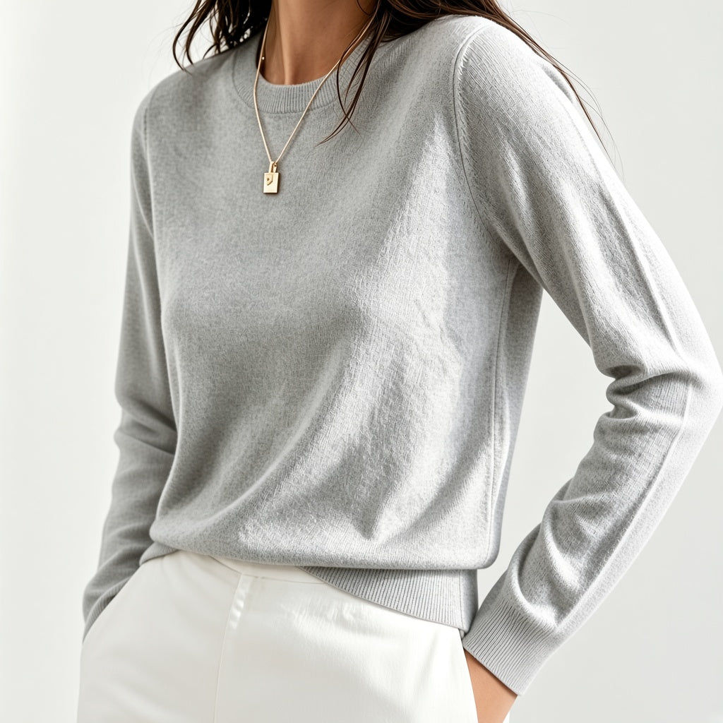 Women's Fine Knit Crew Neck Jumper with Long Sleeves and Ribbed Trims in Grey – Front View
