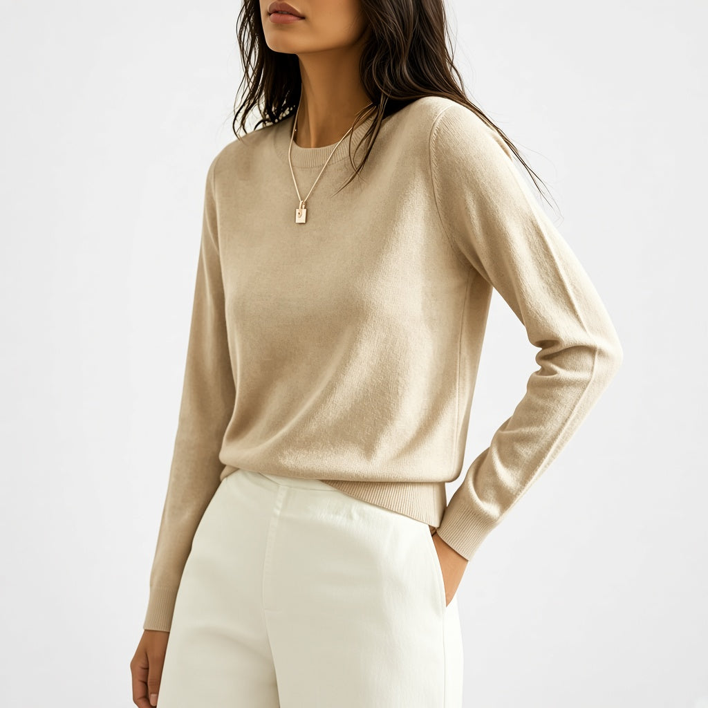 Women's Fine Knit Crew Neck Jumper with Long Sleeves and Ribbed Trims in Khaki – Front View