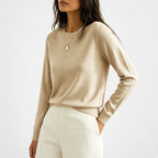 Women's Fine Knit Crew Neck Jumper with Long Sleeves and Ribbed Trims in Khaki – Front View