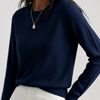 Women's Fine Knit Crew Neck Jumper with Long Sleeves and Ribbed Trims in Navy – Front View
