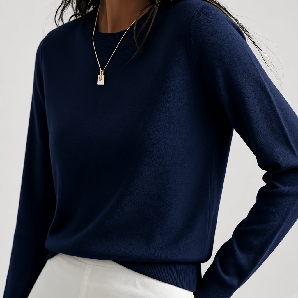 Women's Fine Knit Crew Neck Jumper with Long Sleeves and Ribbed Trims in Navy – Front View