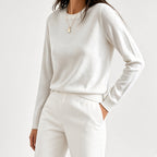 Women's Fine Knit Crew Neck Jumper with Long Sleeves and Ribbed Trims in White – Front View