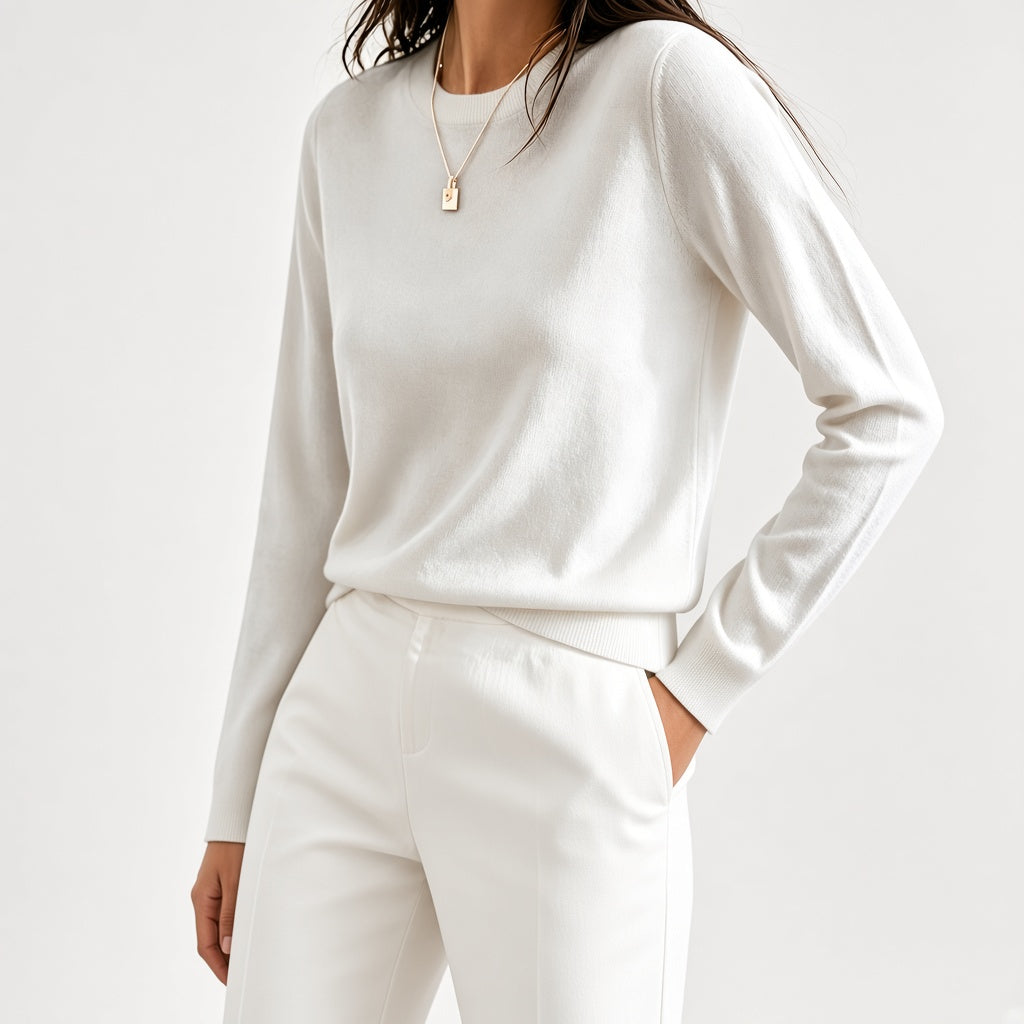 Women's Fine Knit Crew Neck Jumper with Long Sleeves and Ribbed Trims in White – Front View