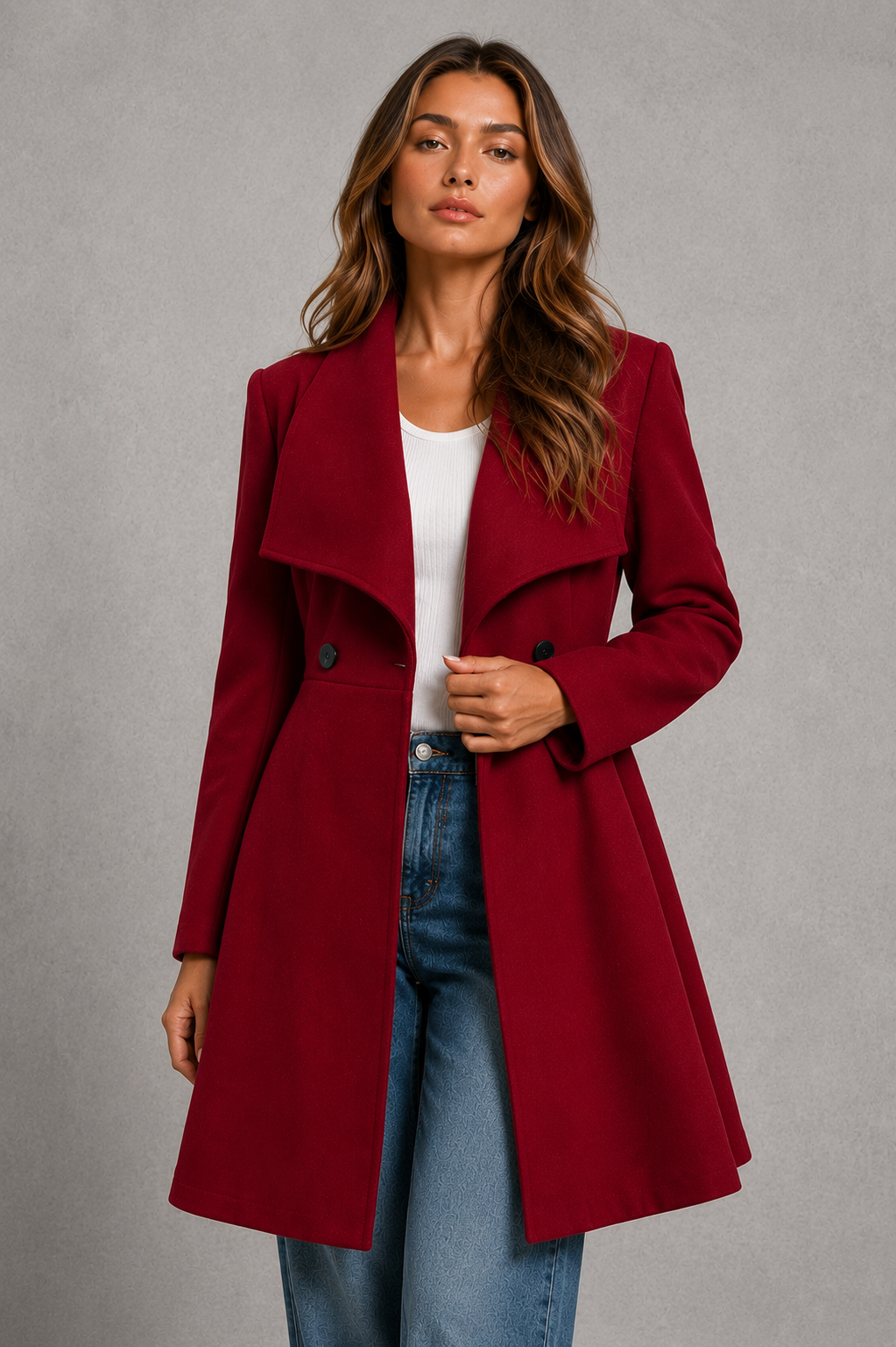 Women's Fit and Flare Wool Blend Coat with Waterfall Collar in Red – Front View