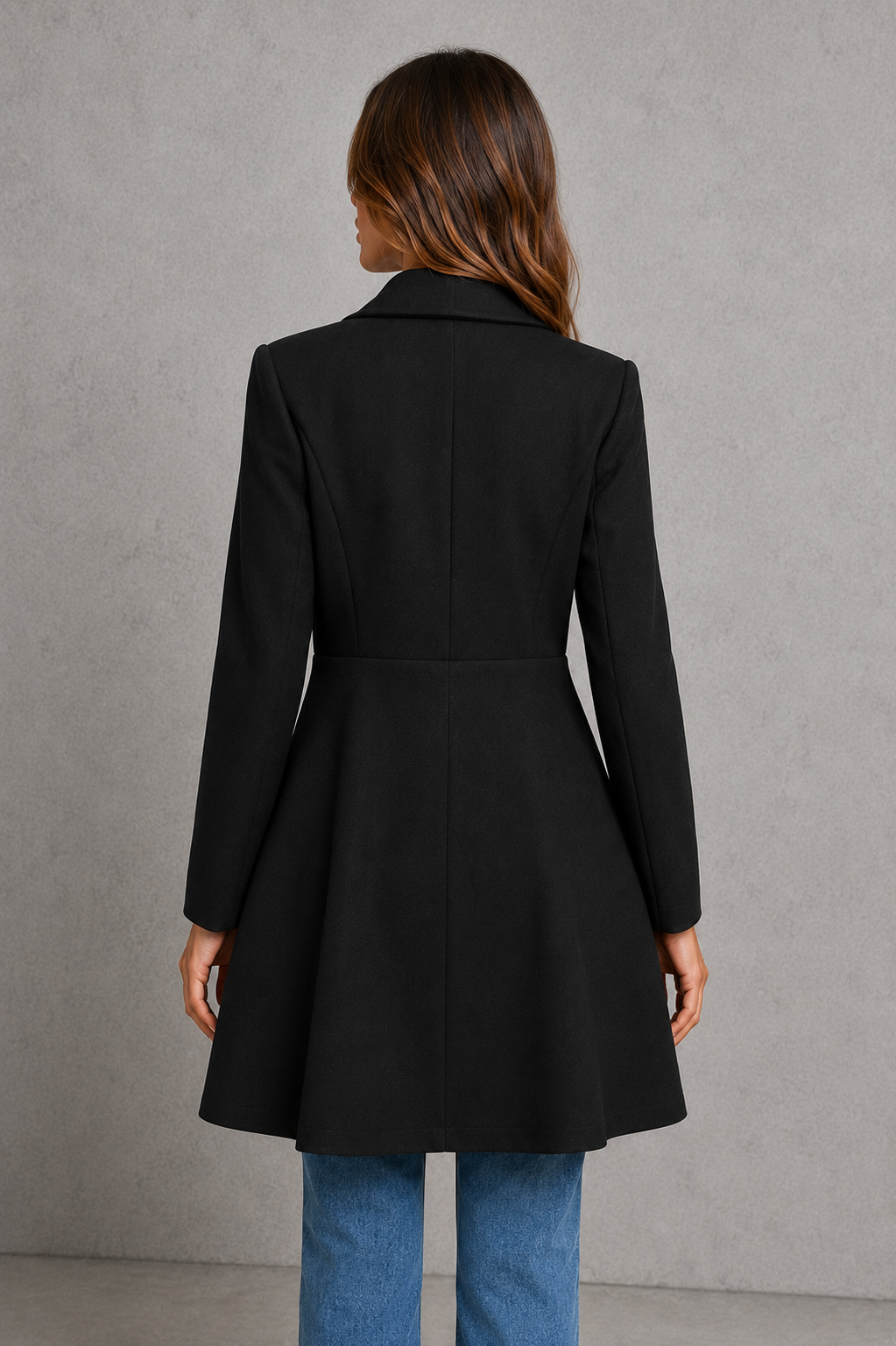 Women's Fit and Flare Wool Blend Coat with Waterfall Collar in Black – Back View