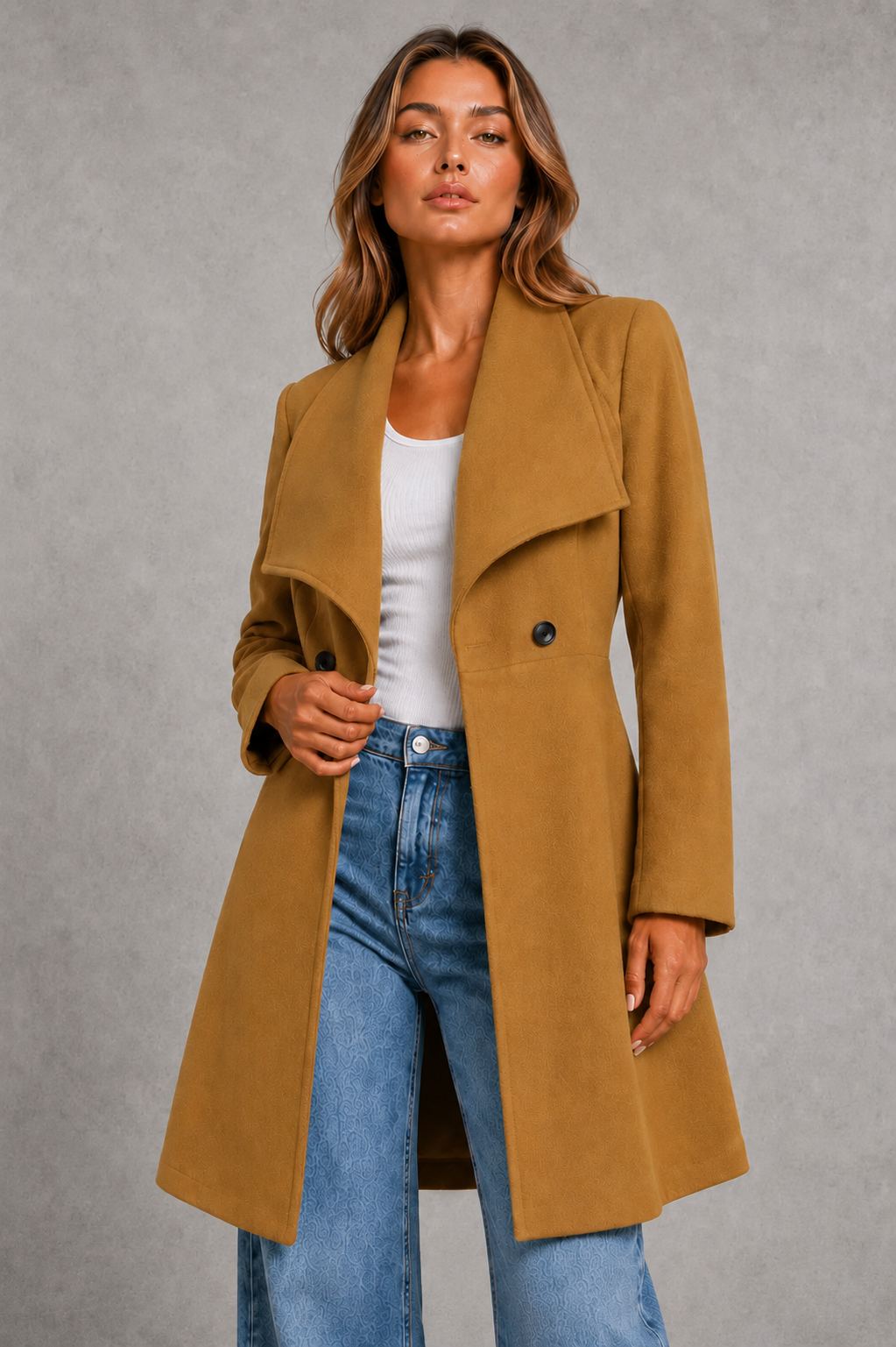 Women's Fit and Flare Wool Blend Coat with Waterfall Collar in Camel – Front View
