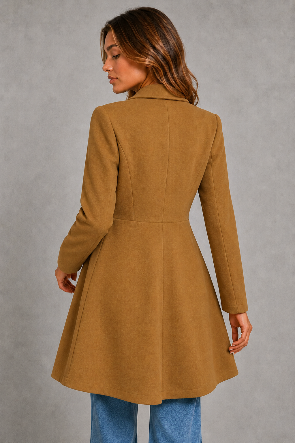 Women's Fit and Flare Wool Blend Coat with Waterfall Collar in Camel – Back View