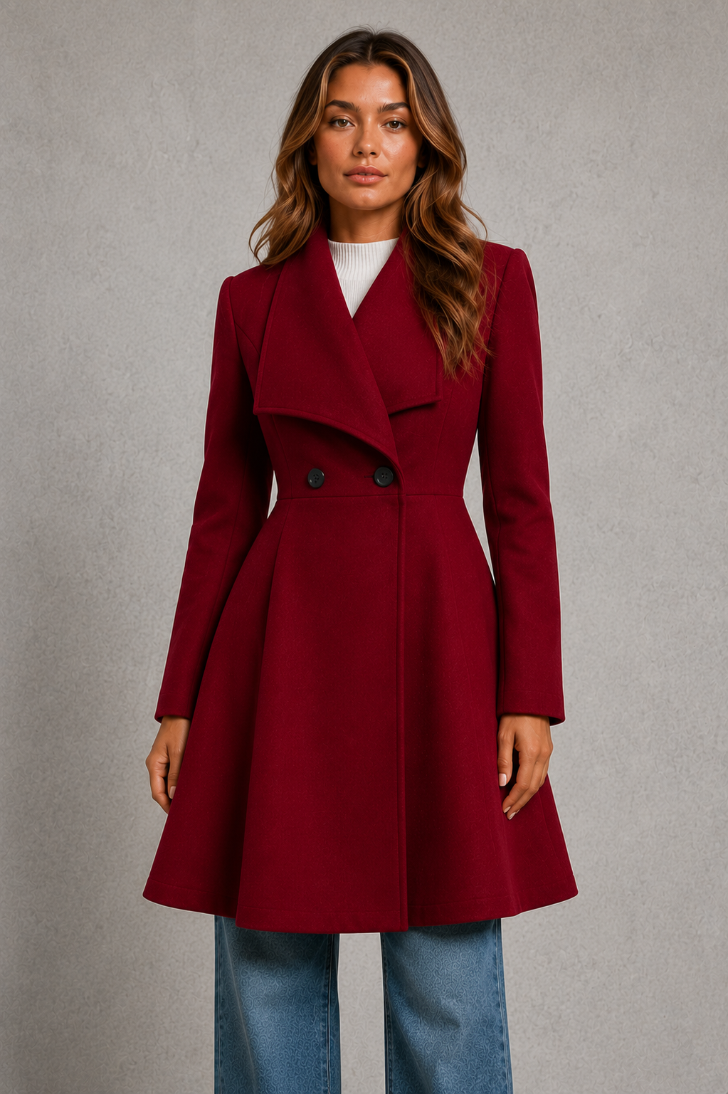 Women's Fit and Flare Wool Blend Coat with Waterfall Collar in Red – Front View