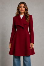 Women's Fit and Flare Wool Blend Coat with Waterfall Collar in Red – Front View