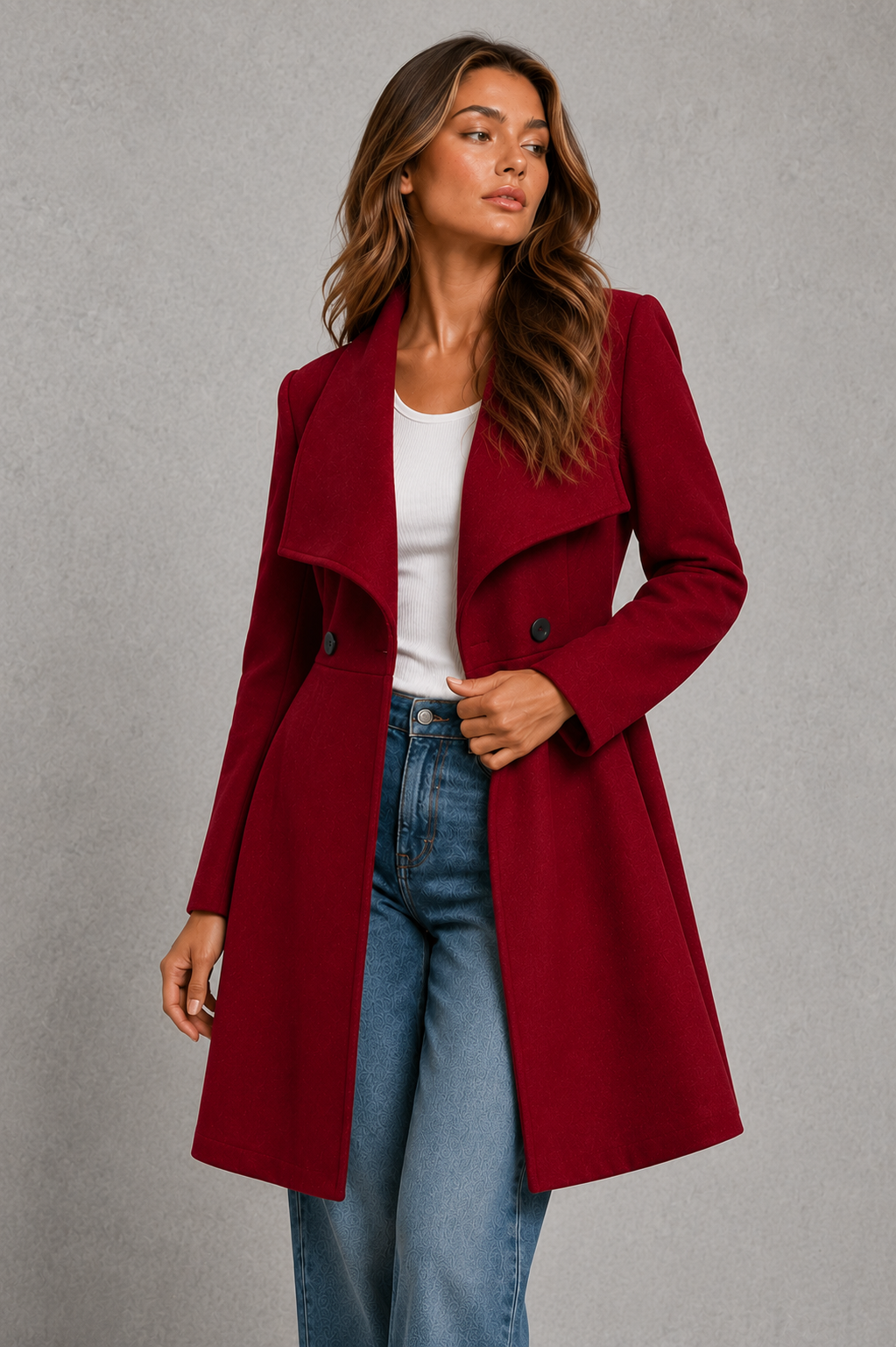 Women's Fit and Flare Wool Blend Coat with Waterfall Collar in Red – Side View